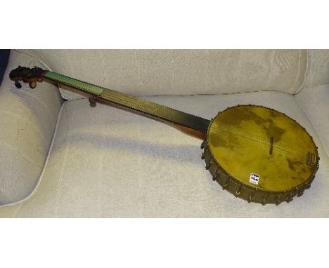 A vintage five string banjo by Alfred Weaver, stamped 'A Weaver' to reverse, with wood and ebonised arm and skin drum, 95cm l