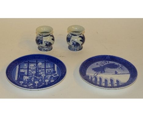 A pair of Chinese blue and white ovoid jars, decorated with young children playing with a turtle, 7cm high, together with two