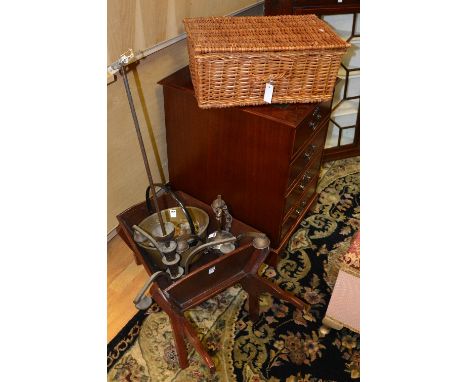 A small wooden wheelbarrow, together with a brass ceiling light, a brass jelly pan, a collection of brass finials and a wicke