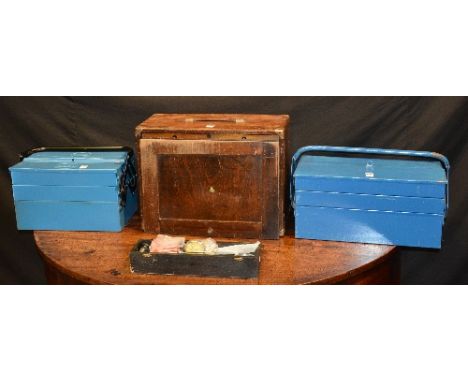 An engineers vintage wooden tool chest by Emir London, in carry case, together with two work-boxes of vintage tools, to inclu