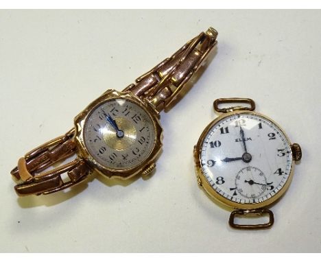 An 18ct gold lady's cocktail watch, the gold coloured dial with Arabic numerals, stamped 18 to inside of case, together with 
