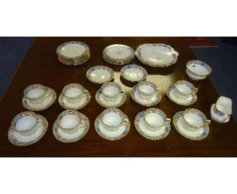 An Aynsley china teaset, the blue, gold and floral panels on white ground, comprising of 12 plates, 10 cups with 12 saucers, 