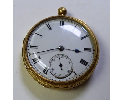 A late Victorian 18ct gold pocket watch, the white enamel dial with Roman numerals and subsidiary seconds dial, the reverse o