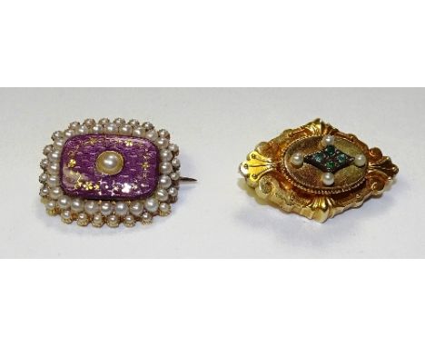 Two Victorian yellow metal brooches, one of foliate design set with four small peridots mounted by four seed pearls, 3.7g, th