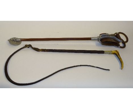 A leather hunting crop, with bone handle, white metal band to top and leather thong attachment, crop 54cm long, together with