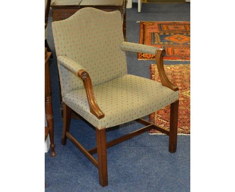 A Gainsbourgh style mahogany framed open armchair, upholstered in pale green fabric with beadwork cushion, 92cm high