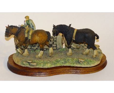 A Border Fine Arts shire horse figure group coming in from ploughing, initialled MB, dated 1985, on wooden plinth base, 17cm 