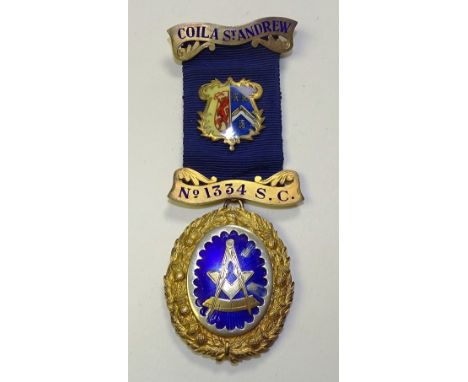 A silver gilt and blue enamel Masonic jewel, Coila St Andrew Lodge no.1334, engraved to the reverse 'Presented to Bro Edwin K