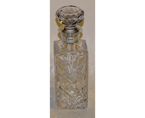 A square crystal decanter with silver collar, hallmarks for Birmingham 1980 M & A, with large rounded stopper, 27cm high