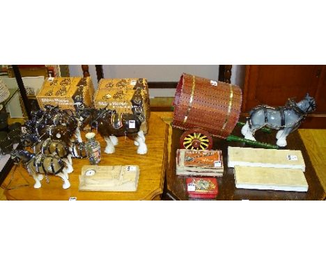 A collection of Melrose pottery shire horses, one grey horse with gypsy caravan, four boxed, together with some bone handled 