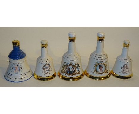 A group of commemorative Bell's Wade porcelain Scotch whisky decanters, unopened, to include the 90th Birthday of the Queen M