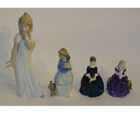 Two Royal Doulton figurines, 'Affection' HN2236 dated 1964 and 'Cherie' HN2341 dated 1965, together with two Lladro Nao figur