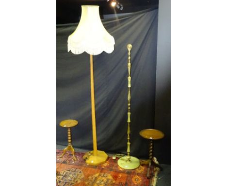 An onyx and gilt metal floor lamp, 150cm high, also with a vintage oak floor lamp with shade, and two oak wine tables (4)