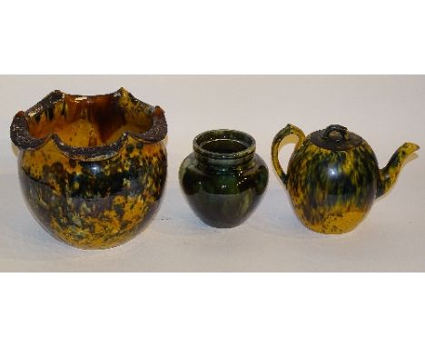 A Dunmore pottery jardiniere, decorated with colourful inclusions on yellow ground, 22cm high x 25cm wide, together with a Du
