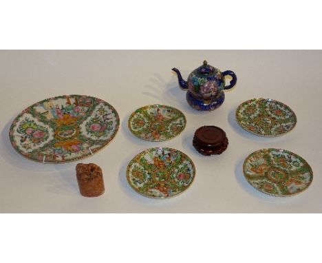 A Chinese famille rose plate, 24cm diameter, together with four Chinese famille rose saucers, a blue cloisonne floral teapot 