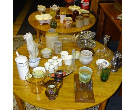 A mixed lot of ceramics, glass and plated wares, to include silver handled nail file, Victorian wally dug with amber glass ey