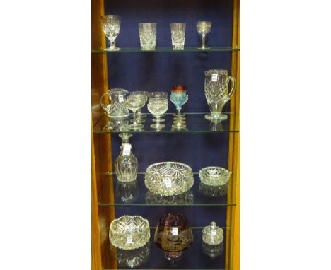 A quantity of crystal and glass, to include crystal bowl and glasses, mallet shaped decanter, pair of ruby glass sherry glass