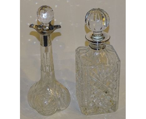 A square crystal decanter with silver collar, hallmarks for Birmingham 1993 B & Co, 26cm high, together with an onion shaped 