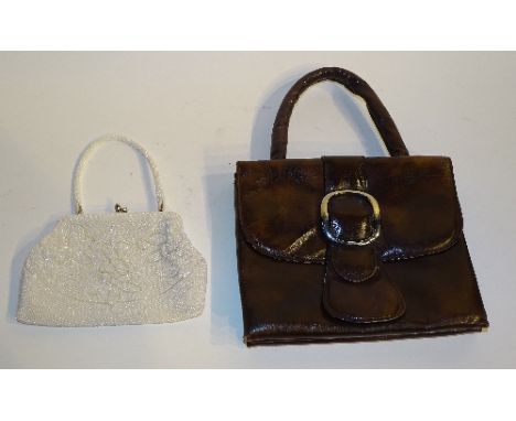 A vintage beadwork evening bag, together with a vintage brown leather handbag (2)