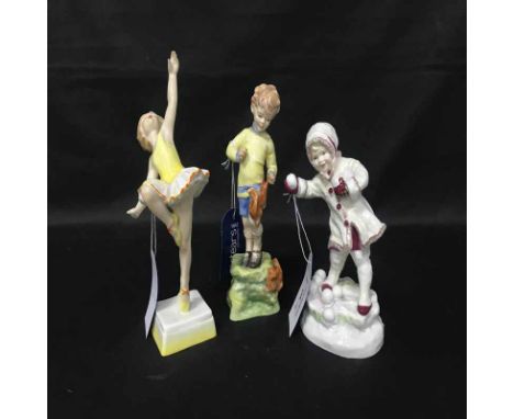 THREE ROYAL WORCESTER FIGURES'Thursdays Child is Full Of Grace', October figure of a boy with squirrels, December girl playin