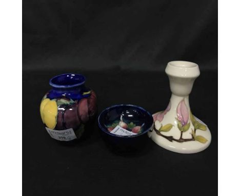 SMALL MOORCROFT STYLE VASE along with a Moorcroft candlestick and Moorcroft circular dish