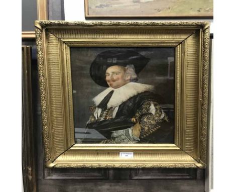 BRITISH SCHOOL,PORTRAIT OF A GENTLEMANoil on canvasalong with a colour print of the Laughing Cavalier by Frans Hals (2) 