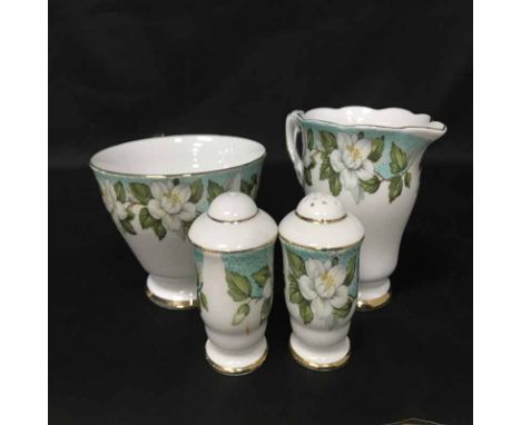MONTROSE GLADSTONE FLORAL DECORATED DINNER AND TEA SERVICE comprising six cups, eleven saucers, five side plates, six soup bo