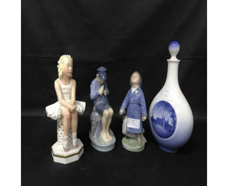 THREE ROYAL COPENHAGEN FIGURES AND A FLASK