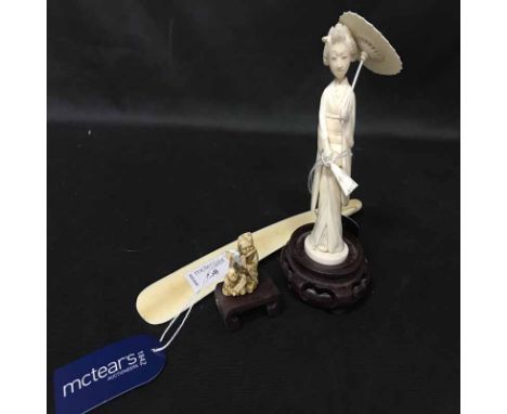 GROUP OF ASIAN ITEMS including a carved geisha, netsuke and letter opener (3)