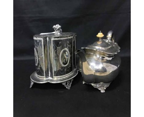 VICTORIAN SILVER PLATED BISCUIT BOX along with a tea service and other tea pots