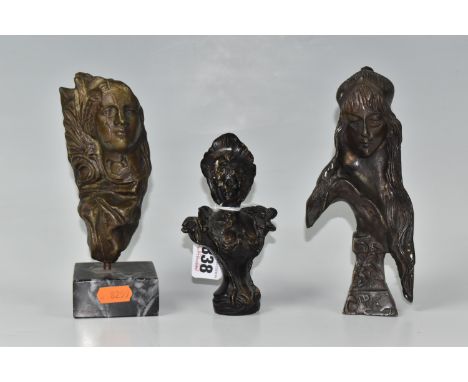 THREE BRONZE BUSTS, comprising 'Carmela' after Emmanuel Villanis (1858-1914), hollow cast, height 19cm, a smaller hollow cast