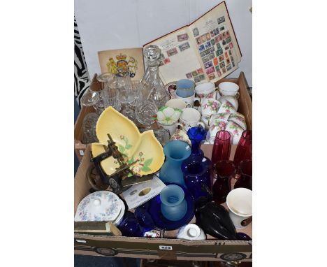 TWO BOXES CERAMICS, GLASS AND SUNDRY ITEMS, to include two Bath Aqua Glass vases, tallest 15.5cm, a pair of ruby red Anchor H
