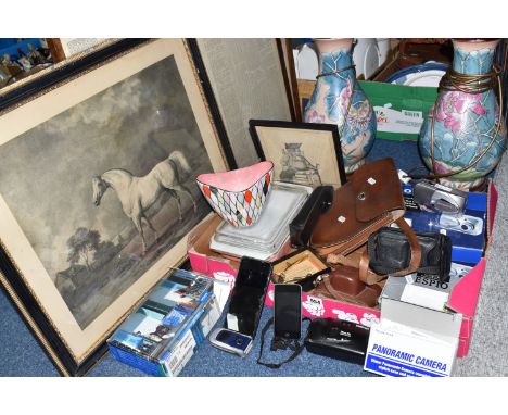 ONE BOX AND LOOSE MISCELLANEOUS ITEMS to include a Nokia flip phone, a Samsung&nbsp; (possibly A21 with a blue iridescent cov