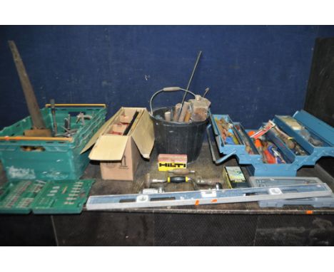 A TOOLBOX, A TRAY AND A BUCKET CONTAINING TOOLS, including two Stanley braces, a Magic Mitre block, chisels, hammers, mallets