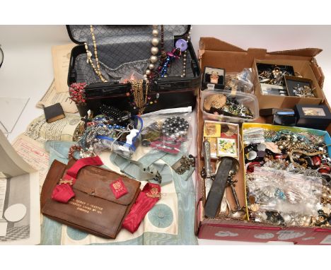 LARGE ASSORTMENT OF COSTUME JEWELLERY, MASONIC REGALIA AND OTHER ITEMS, to include various pieces of costume jewellery includ