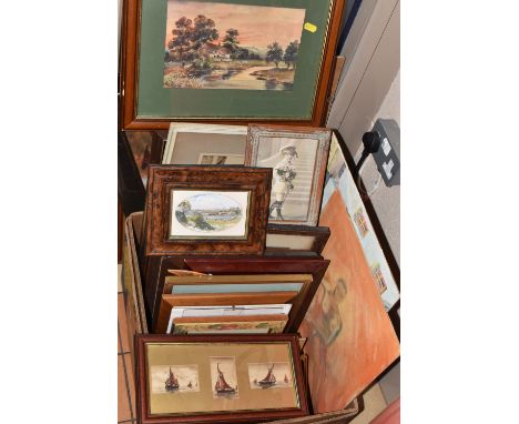 A QUANTIY OF PICTURES AND PRINTS ETC, to include a watercolour estuary scene by J.C. Salmon, a watercolour of Ludlow signed J