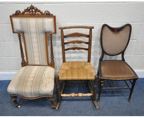 A 19TH CENTURY MAHOGANY PRIE DIEU CHAIR, with a scrolled and foliate crest, twin tapered supports, serpentine fronted seat, r