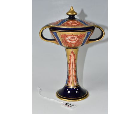 A WILLIAM MOORCROFT FOR JAMES MACINTYRE &amp; CO, an Aurelian ware twin handled chalice and cover in a gilt Imari pattern, th