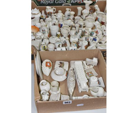 TWO BOXES OF CRESTED WARE, in forms to include a battleship, a charabanc, a pinecone, animals, birds, shoes, etc, by manufact