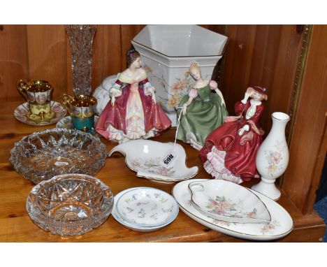 A GROUP OF CERAMICS AND GLASS WARES, to include three Royal Doulton figures: Michelle HN2234, Southern Belle HN2229 (head cra