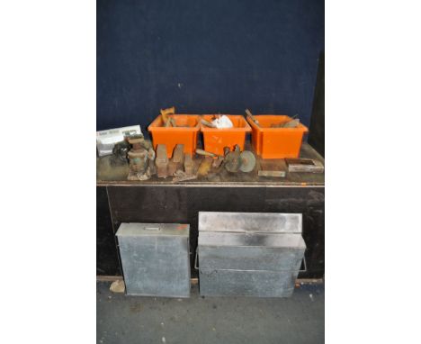THREE TRAYS CONTAINING VINTAGE TOOLS, including a Black and Decker sander (PAT pass and working but noisy) two vintage locks 