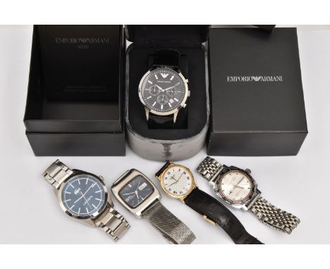 FIVE GENTS WRISTWATCHES, to include a boxed 'Emporio Armani' chronograph watch, with a round black baton marker dial, three s