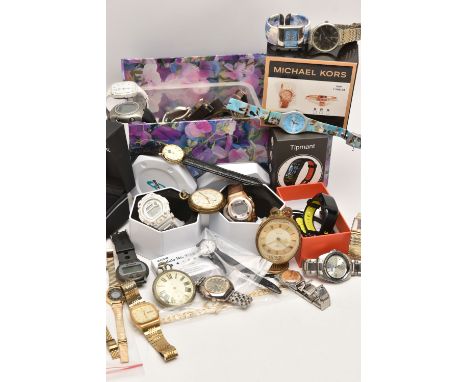 A BOX OF ASSORTED LADIES AND GENTS FASHION WRISTWATCHES, to include a ladies stainless steel, manual wind 'Baume &amp; Mercie