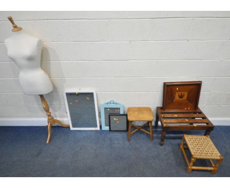 A SELECTION OF OCCASIONAL FURNITURE, to include a mannequin, height 150cm, four mirrors, luggage rack, two stools, and a tray