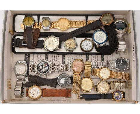 A BOX OF ASSORTED GENTS FASHION WRISTWATCHES, to include a gold plated 'Zodiac' manual wind watch with stretch link bracelet,