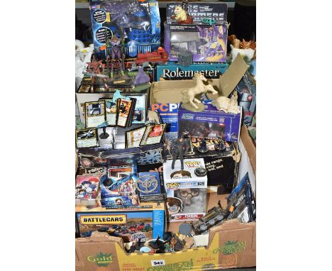 TWO BOXES OF ALTERNATIVE GAMES AND FIGURES, games include Talisman The Magical Quest second edition, Gamma World , Battletech