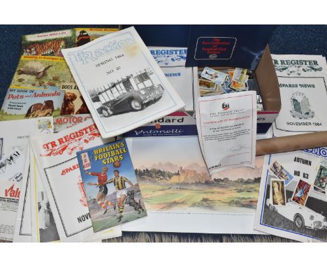 A BOX OF 1980S TRIUMPH INTEREST MAGAZINES, COLLECTABLE CARDS, ETC comprising sixteen issues of TR Register and TR Action from