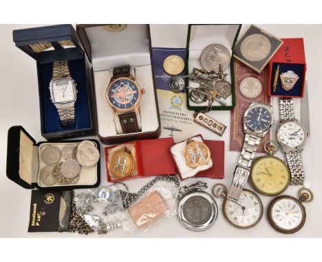 A SMALL BOX OF ITEMS, to include a boxed 'Bradbury Exchange' Dambusters Lancaster Mechanical Watch, a gents boxed 'Lorus' wri