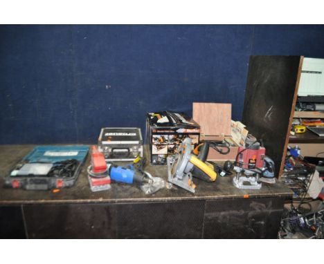 A COLLECTION OF EIGHT POWER TOOLS, comprising a boxed Evolution circular saw, a boxed Draper detail sander, a Draper heat gun