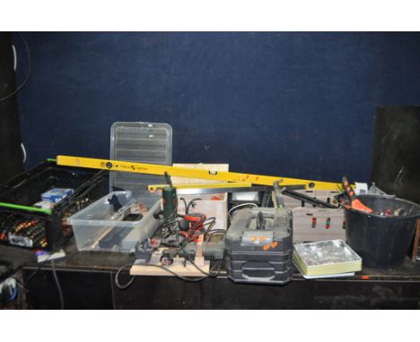 FIVE TRAYS AND A BUCKET CONTAINING TOOLS including a Bosch drill, a Bosch router, a Makita sander (all PAT pass and working),